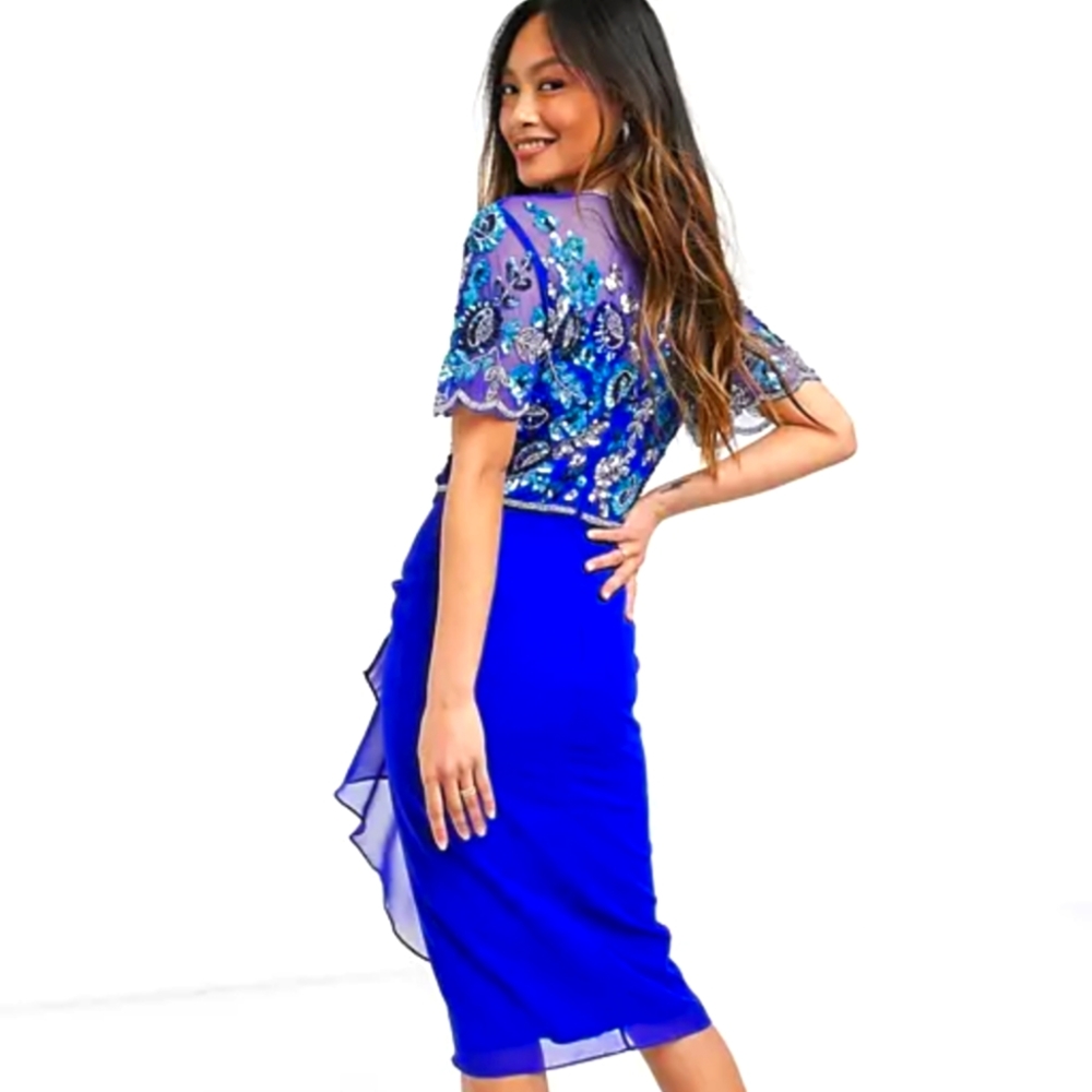 ASOS Blue Embellished Sheer Asymmetrical Dress - Picture 4 of 16